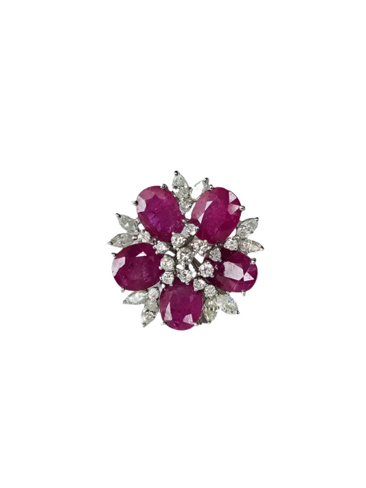 Natural Mozambique Ruby & Diamond Statement Ring - 18k White Gold Handmade Cocktail Ring