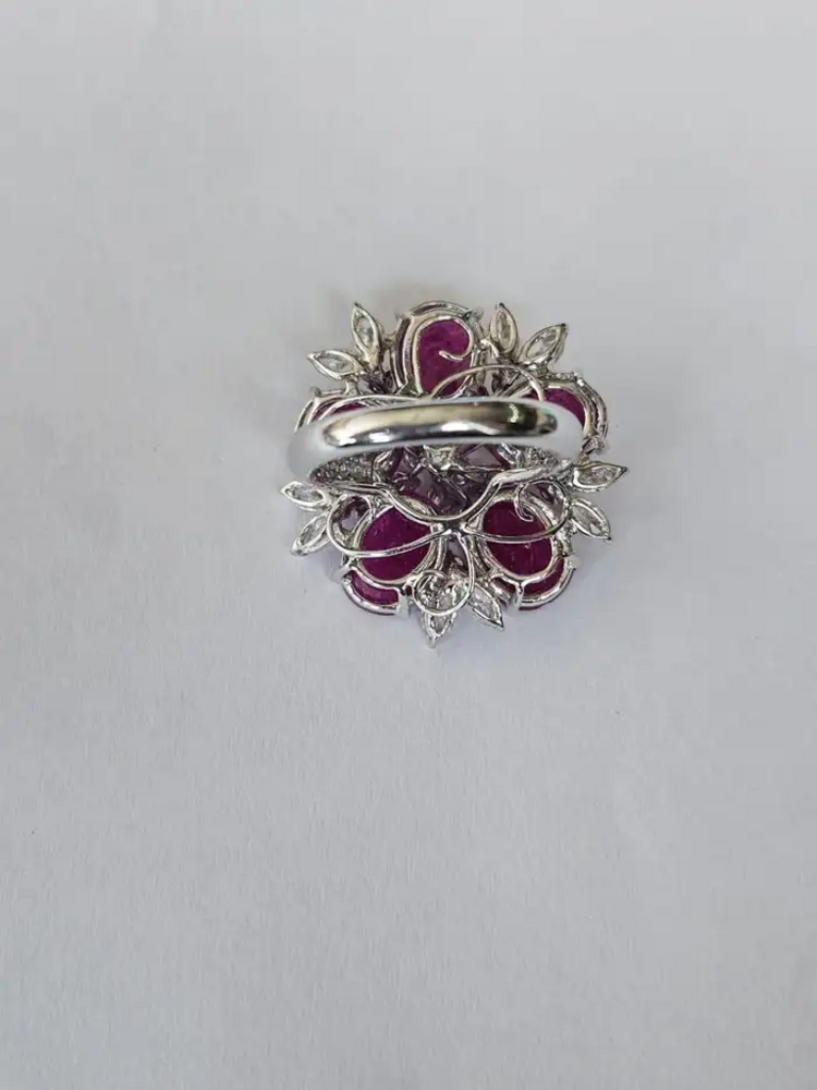 Natural Mozambique Ruby & Diamond Statement Ring - 18k White Gold Handmade Cocktail Ring