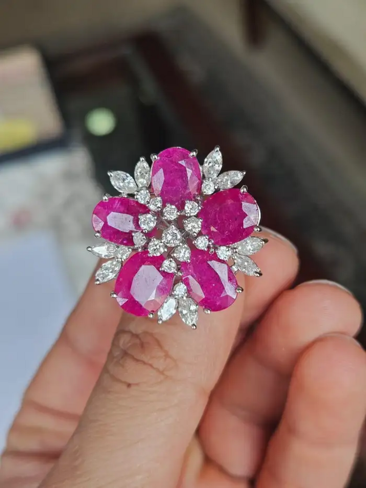Natural Mozambique Ruby & Diamond Statement Ring - 18k White Gold Handmade Cocktail Ring