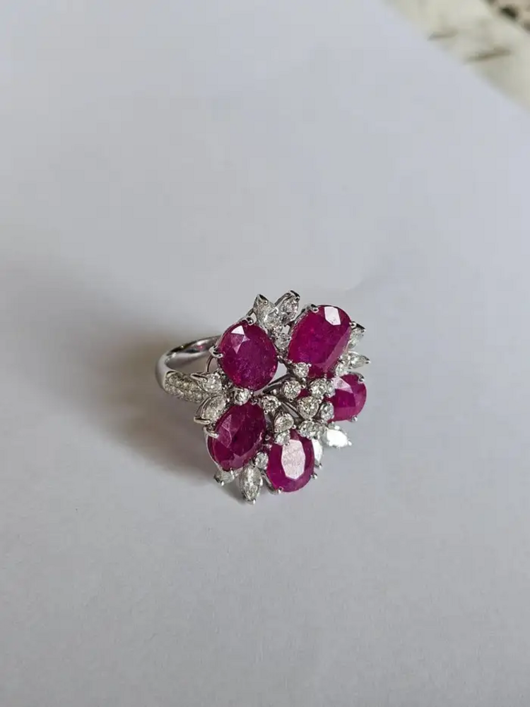 Natural Mozambique Ruby & Diamond Statement Ring - 18k White Gold Handmade Cocktail Ring