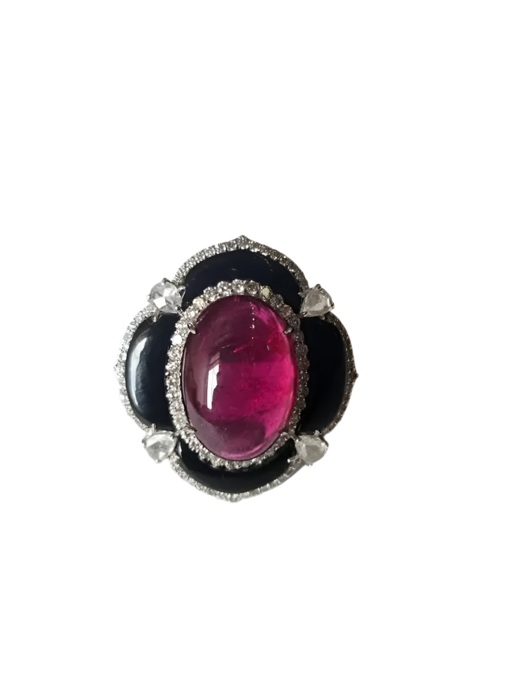 Natural Tourmaline & Black Onyx Cocktail Ring - 18k White Gold Diamond Handmade Ring