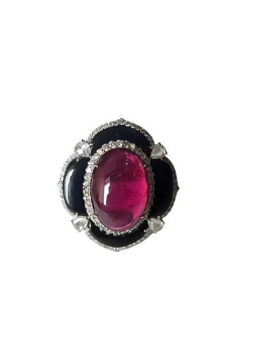 Natural Tourmaline & Black Onyx Cocktail Ring - 18k White Gold Diamond Handmade Ring
