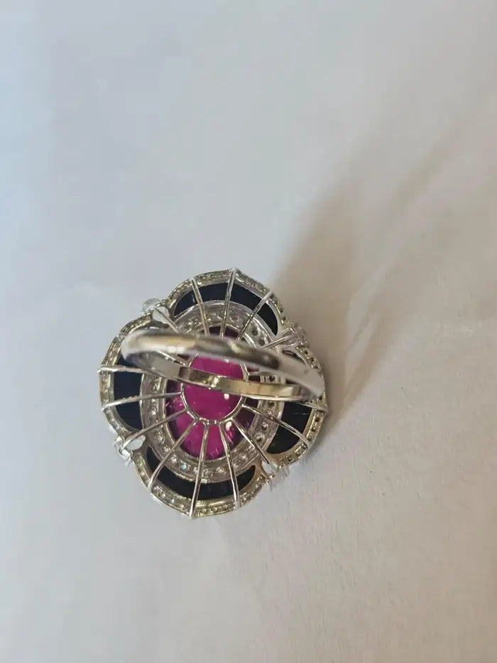 Natural Tourmaline & Black Onyx Cocktail Ring - 18k White Gold Diamond Handmade Ring