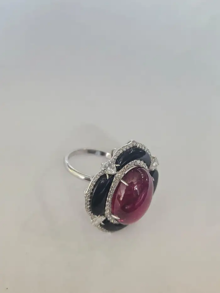 Natural Tourmaline & Black Onyx Cocktail Ring - 18k White Gold Diamond Handmade Ring