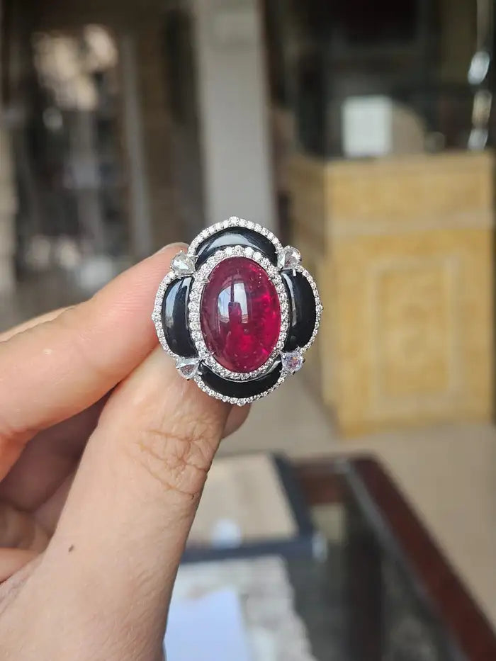 Natural Tourmaline & Black Onyx Cocktail Ring - 18k White Gold Diamond Handmade Ring