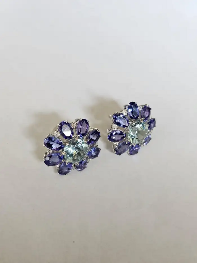 Natural Aquamarine & Tanzanite Gemstone Stud Earrings - 18k White Gold Diamond Handmade Earrings