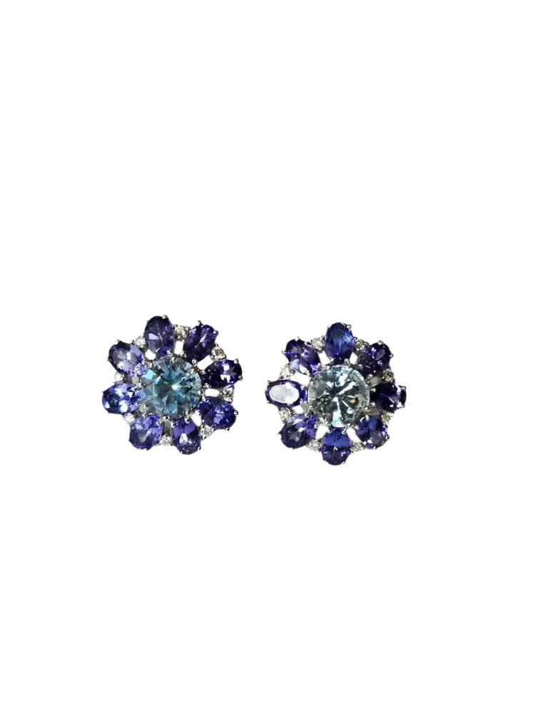 Natural Aquamarine & Tanzanite Gemstone Stud Earrings - 18k White Gold Diamond Handmade Earrings