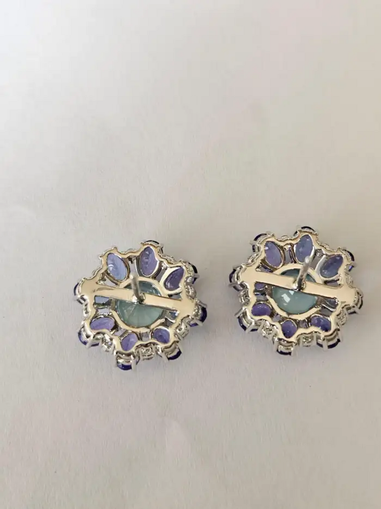 Natural Aquamarine & Tanzanite Gemstone Stud Earrings - 18k White Gold Diamond Handmade Earrings
