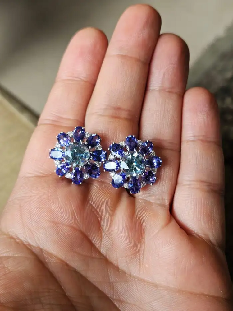 Natural Aquamarine & Tanzanite Gemstone Stud Earrings - 18k White Gold Diamond Handmade Earrings
