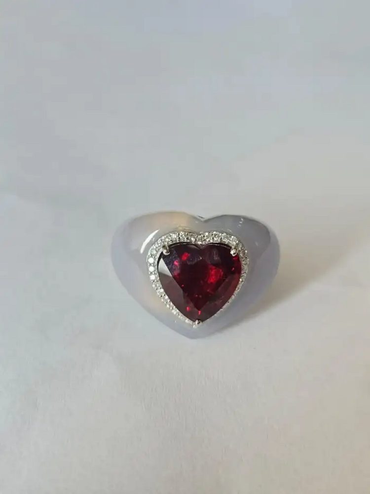 4.93 Heart Shape Rubellite & Chalcedony Anniversary Ring - 18k White Gold Diamond Cocktail Ring