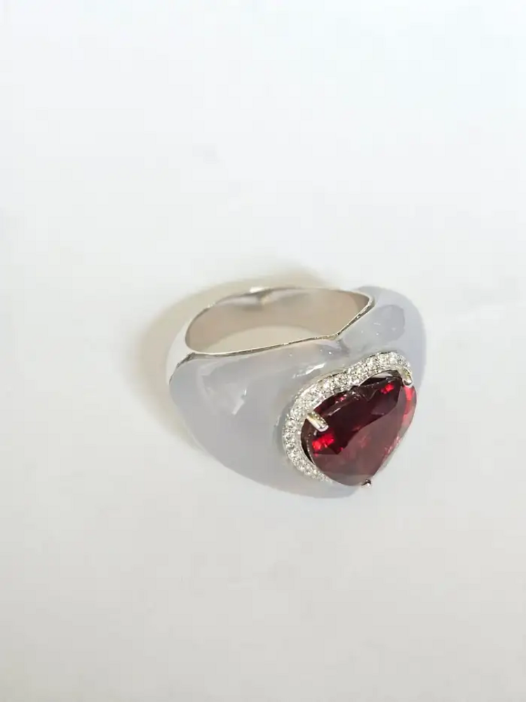 4.93 Heart Shape Rubellite & Chalcedony Anniversary Ring - 18k White Gold Diamond Cocktail Ring