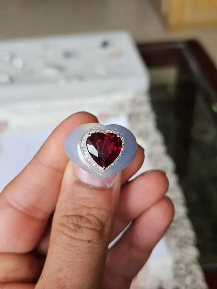 4.93 Heart Shape Rubellite & Chalcedony Anniversary Ring - 18k White Gold Diamond Cocktail Ring