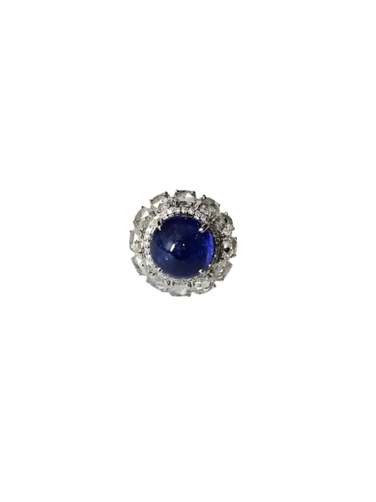Natural Round Tanzanite & Rose Cut Diamond Cocktail Ring - 18k White Gold Anniversary Gift Ring