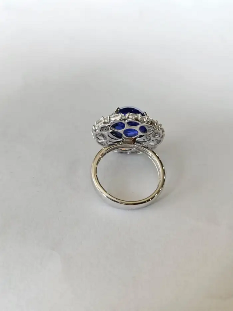 Natural Round Tanzanite & Rose Cut Diamond Cocktail Ring - 18k White Gold Anniversary Gift Ring