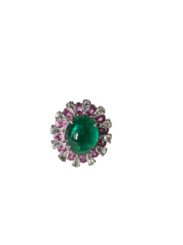 Solid 18k White Gold Handmade Cocktail Ring - Natural Zambian Emerald & Pink Sapphire Ring