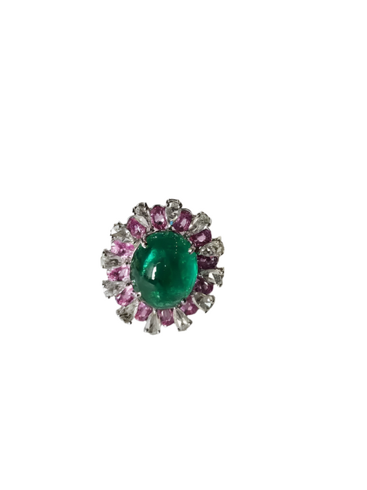 Solid 18k White Gold Handmade Cocktail Ring - Natural Zambian Emerald & Pink Sapphire Ring