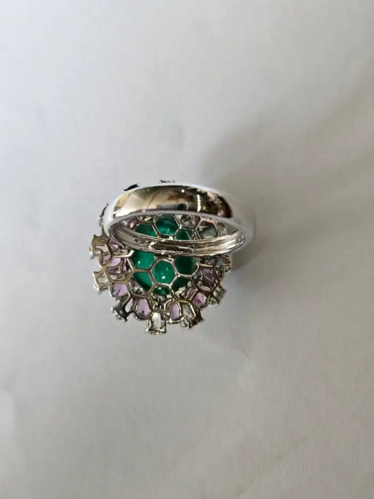 Solid 18k White Gold Handmade Cocktail Ring - Natural Zambian Emerald & Pink Sapphire Ring