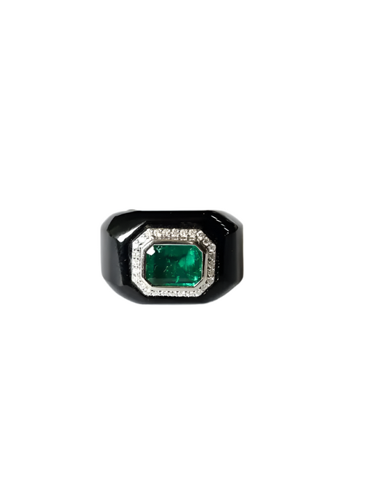 18k White Gold Diamond Ring - Natural Zambian Emerald & Black Onyx Wedding Ring