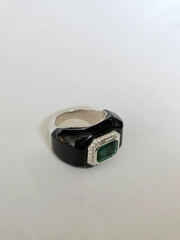18k White Gold Diamond Ring - Natural Zambian Emerald & Black Onyx Wedding Ring