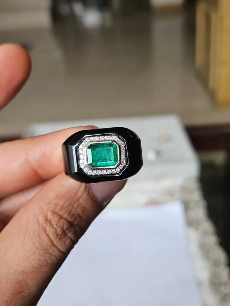 18k White Gold Diamond Ring - Natural Zambian Emerald & Black Onyx Wedding Ring