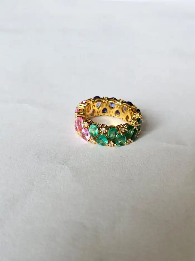 Natural Pink Sapphire, Zambian Emerald & Tanzanite Band Ring - 18k Yellow Gold Diamond Wedding Ring