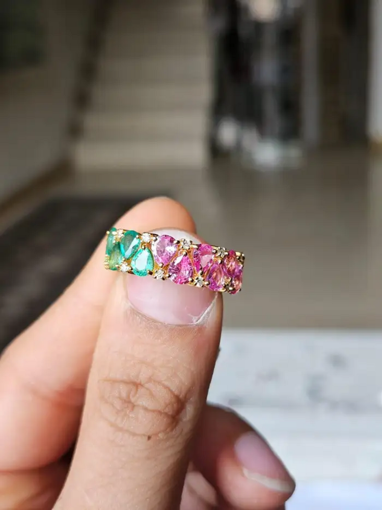 Natural Pink Sapphire, Zambian Emerald & Tanzanite Band Ring - 18k Yellow Gold Diamond Wedding Ring