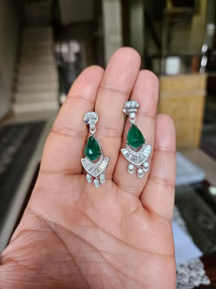 18k White Gold Handmade Dangle Earrings - Natural Zambian Emerald & Diamond Women Earrings