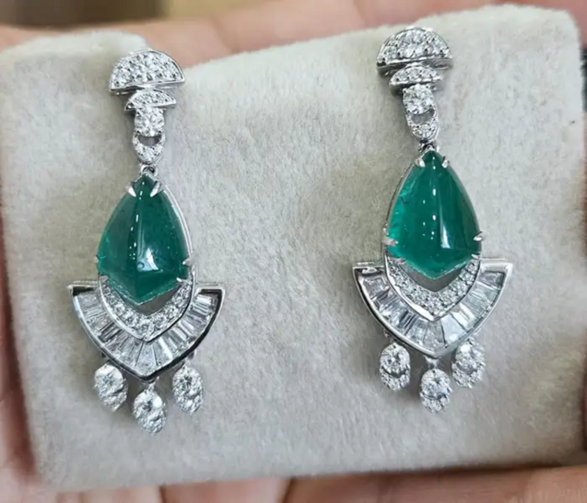 18k White Gold Handmade Dangle Earrings - Natural Zambian Emerald & Diamond Women Earrings