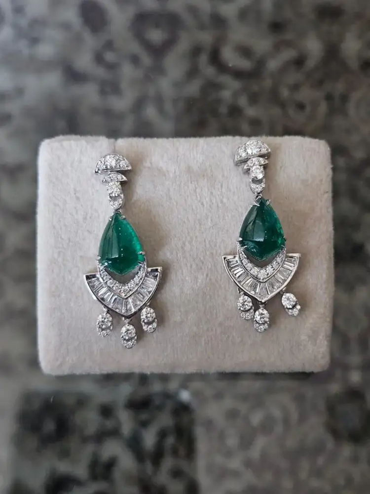 18k White Gold Handmade Dangle Earrings - Natural Zambian Emerald & Diamond Women Earrings