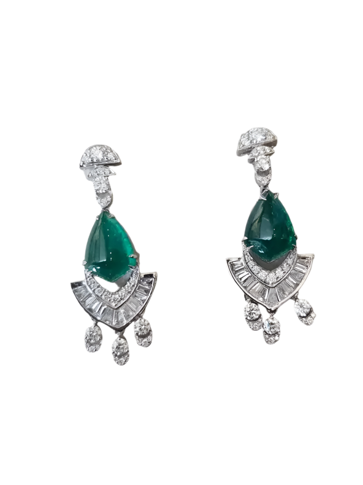 18k White Gold Handmade Dangle Earrings - Natural Zambian Emerald & Diamond Women Earrings