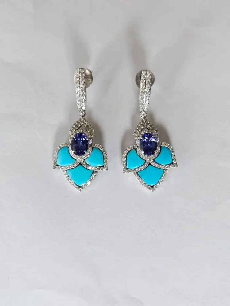 18k White Gold Turquoise & Tanzanite Dangle Earrings - Natural Diamond Earrings