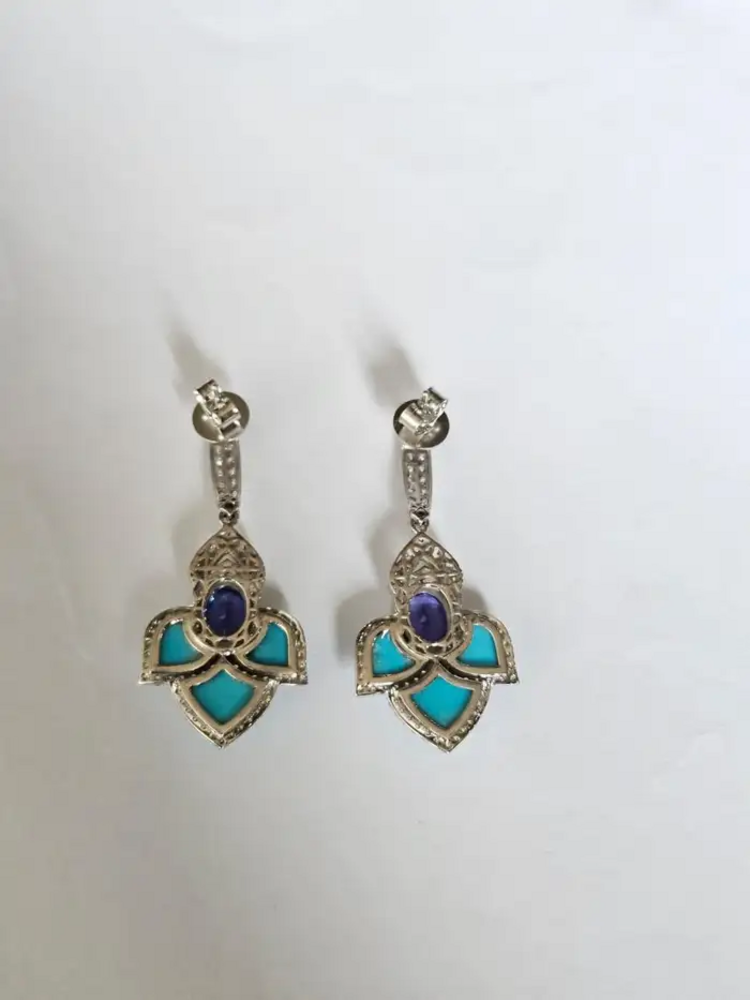 18k White Gold Turquoise & Tanzanite Dangle Earrings - Natural Diamond Earrings