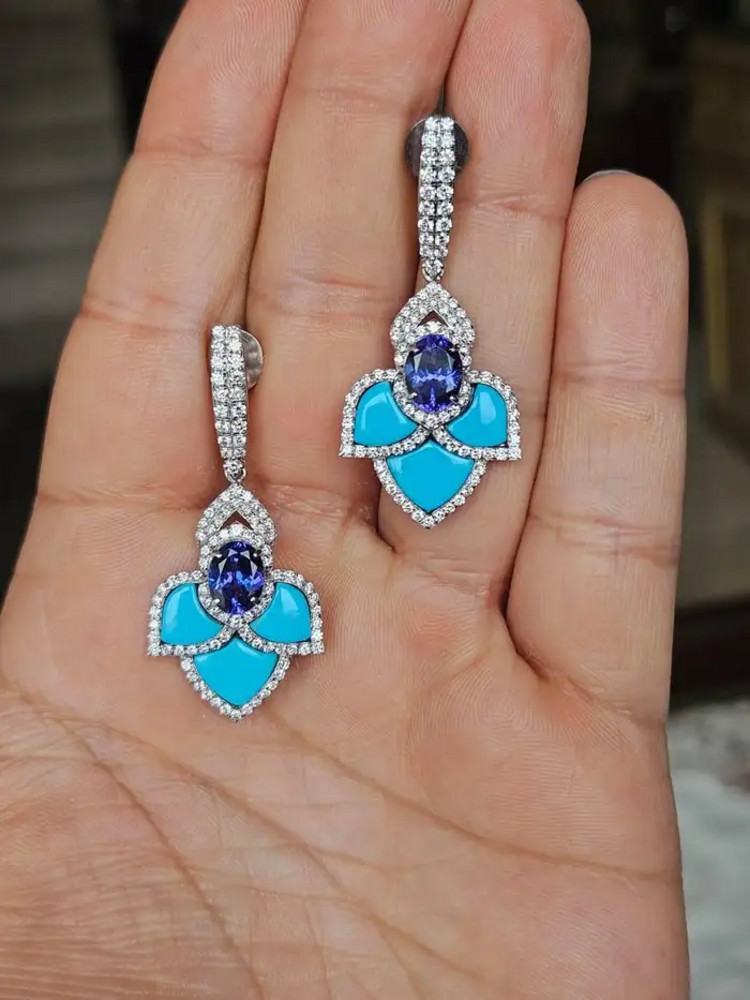 18k White Gold Turquoise & Tanzanite Dangle Earrings - Natural Diamond Earrings