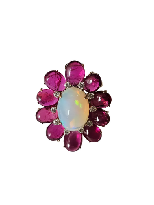 Natural Ethiopian Opal & Tourmaline Cocktail Ring - 18k White Gold Diamond Ring