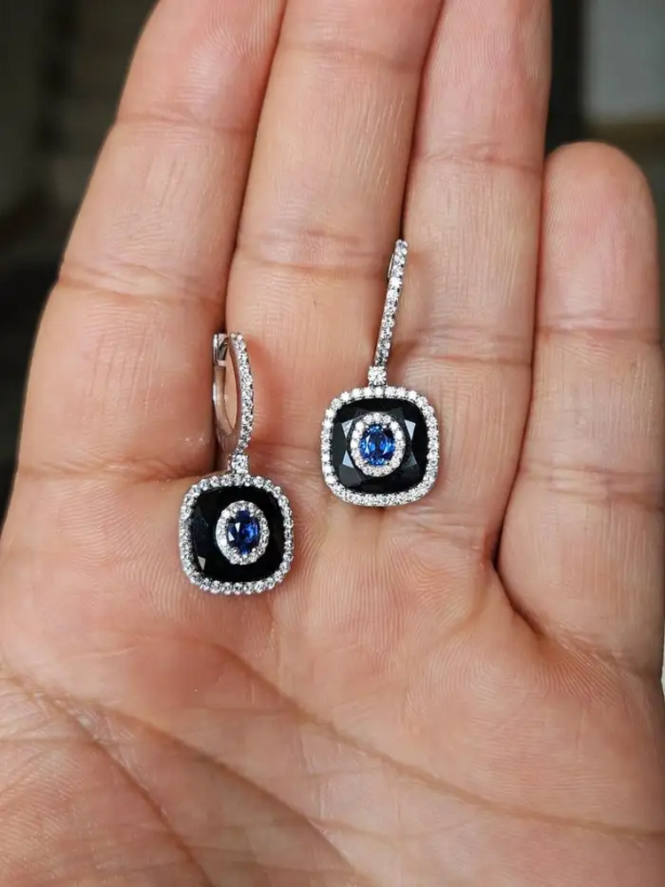 Natural Blue Sapphire & Black Onyx Earrings - 18k White Gold Diamond Earrings