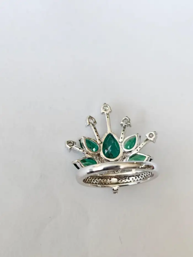 18k White Gold Diamond Crown Ring - Natural 3.80 Ct Zambian Emerald Wedding Ring