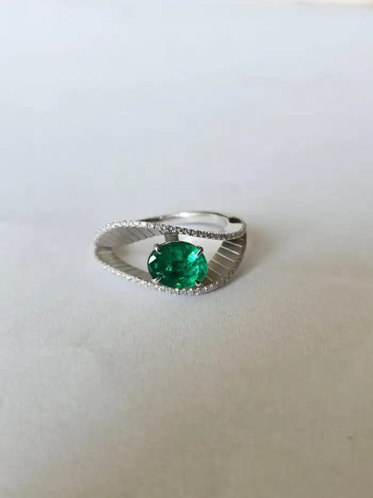 18k White Gold Diamond & Zambian Emerald Engagement Ring
