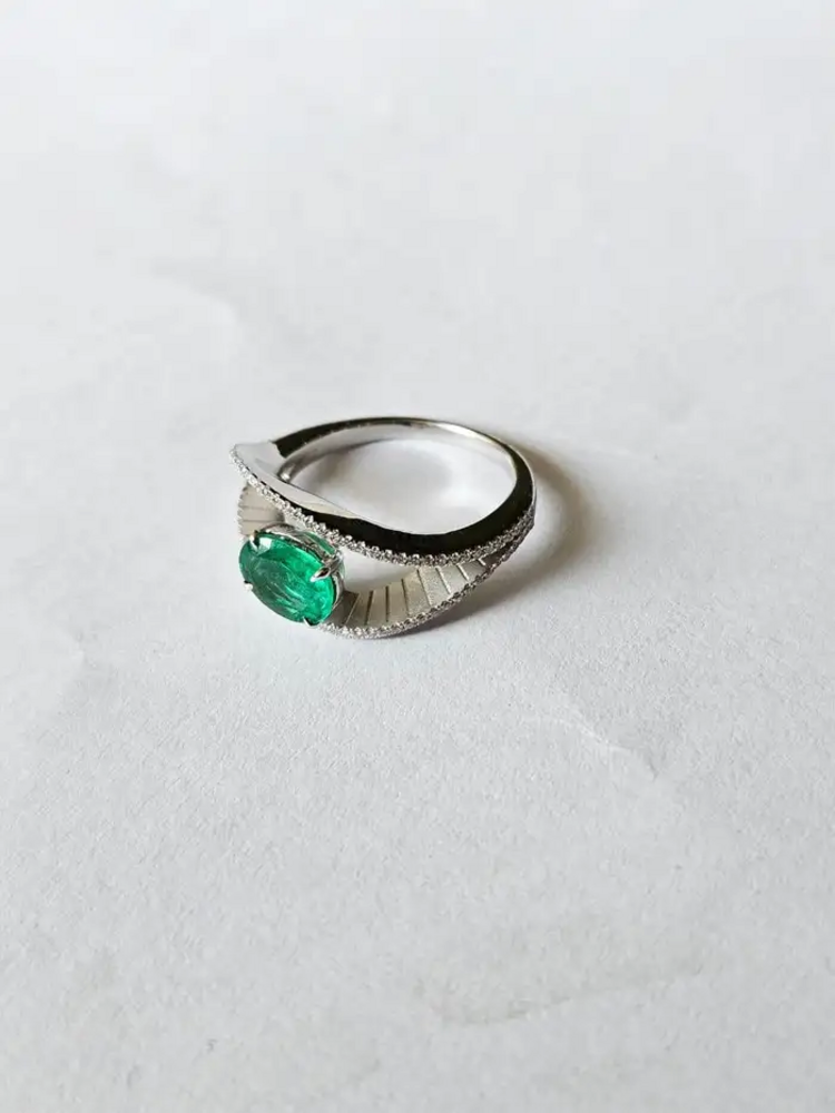 18k White Gold Diamond & Zambian Emerald Engagement Ring