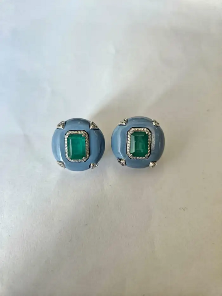 Natural Zambian Emerald & Blue Opal Stud Earrings - 18k White Gold Diamond Earrings