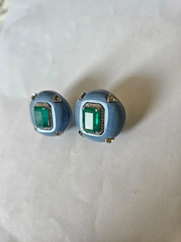 Natural Zambian Emerald & Blue Opal Stud Earrings - 18k White Gold Diamond Earrings