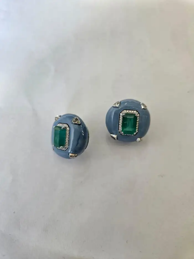 Natural Zambian Emerald & Blue Opal Stud Earrings - 18k White Gold Diamond Earrings