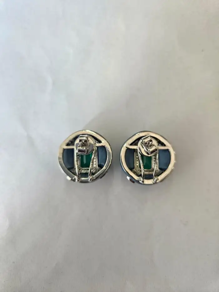 Natural Zambian Emerald & Blue Opal Stud Earrings - 18k White Gold Diamond Earrings