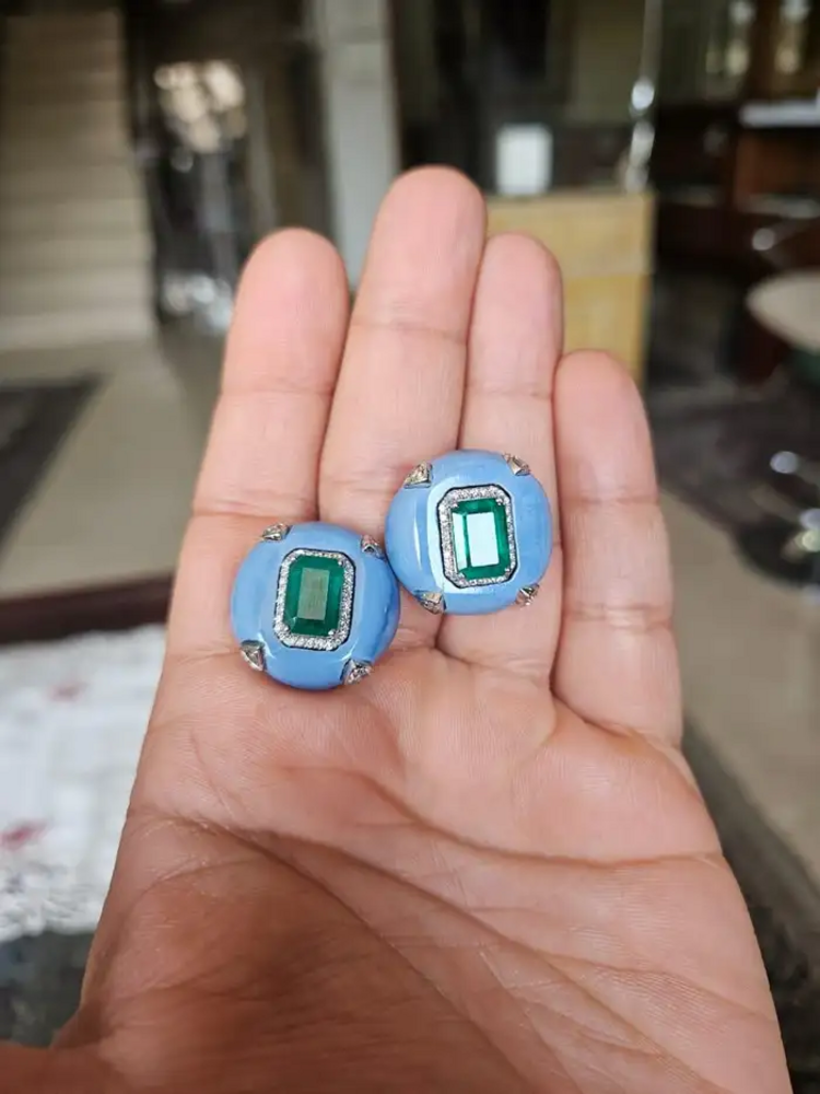 Natural Zambian Emerald & Blue Opal Stud Earrings - 18k White Gold Diamond Earrings