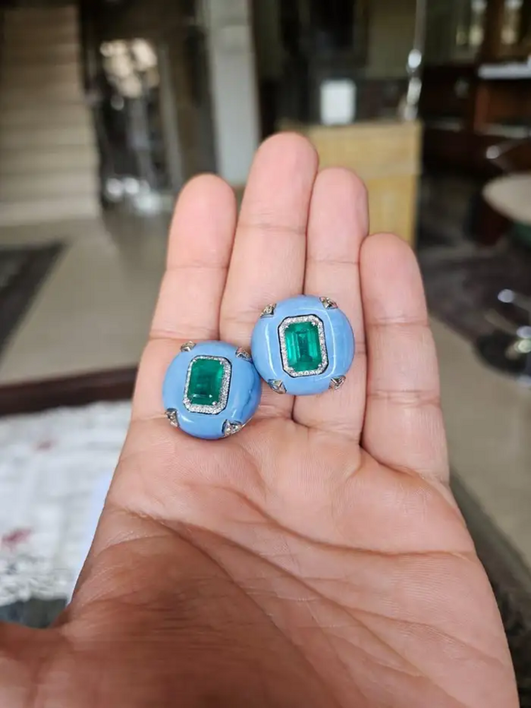 Natural Zambian Emerald & Blue Opal Stud Earrings - 18k White Gold Diamond Earrings