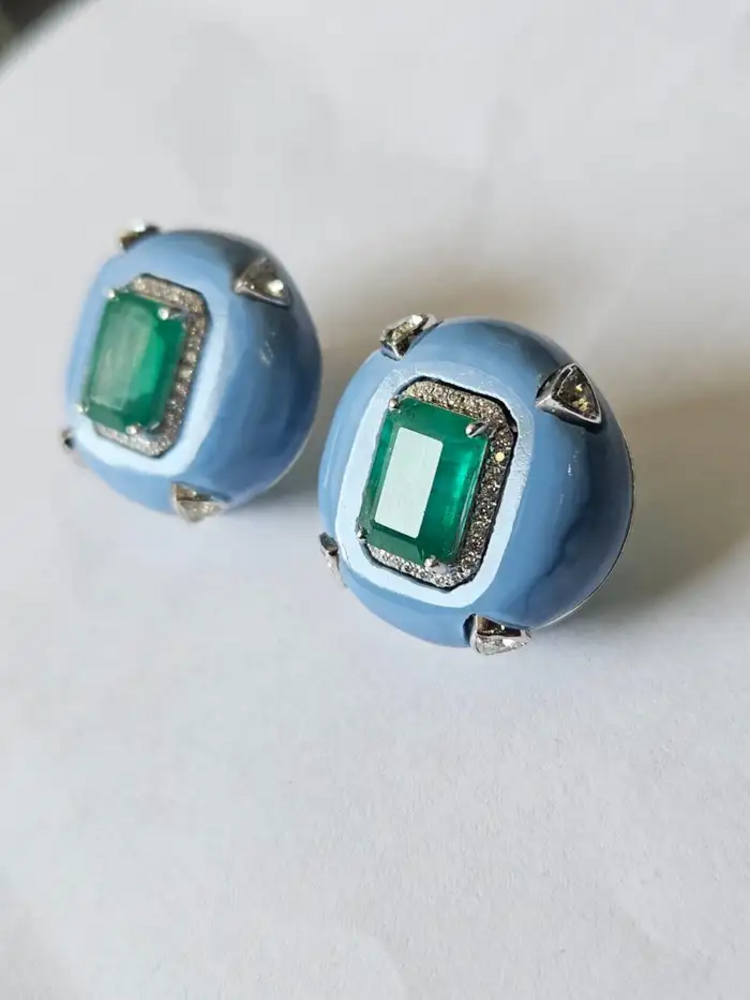 Natural Zambian Emerald & Blue Opal Stud Earrings - 18k White Gold Diamond Earrings