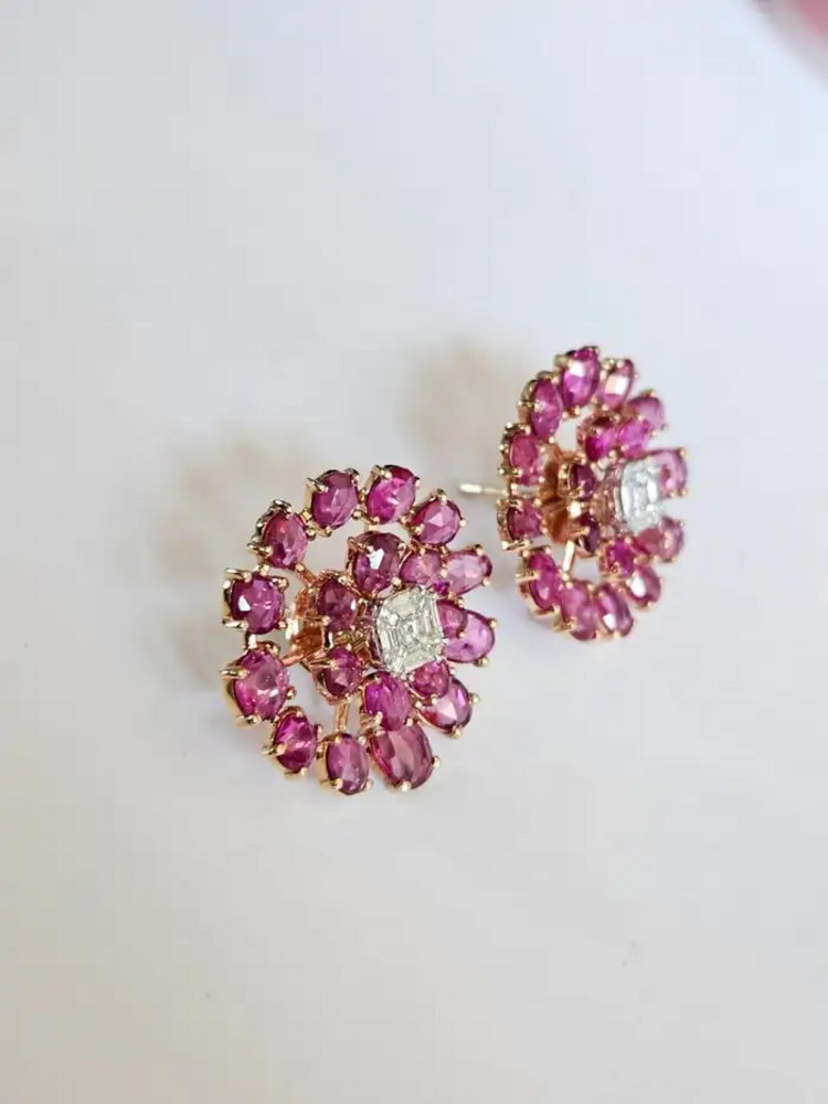 Natural Ceylon Pink Sapphire Floral Stud Earrings - 18k Rose Gold Diamond Stud Earrings