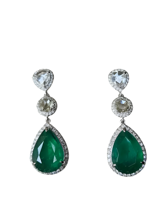 12.36 Ct. Natural Zambian Emerald Dangle Gold Earrings - 18k White Gold & Rose Cut Diamond Earrings