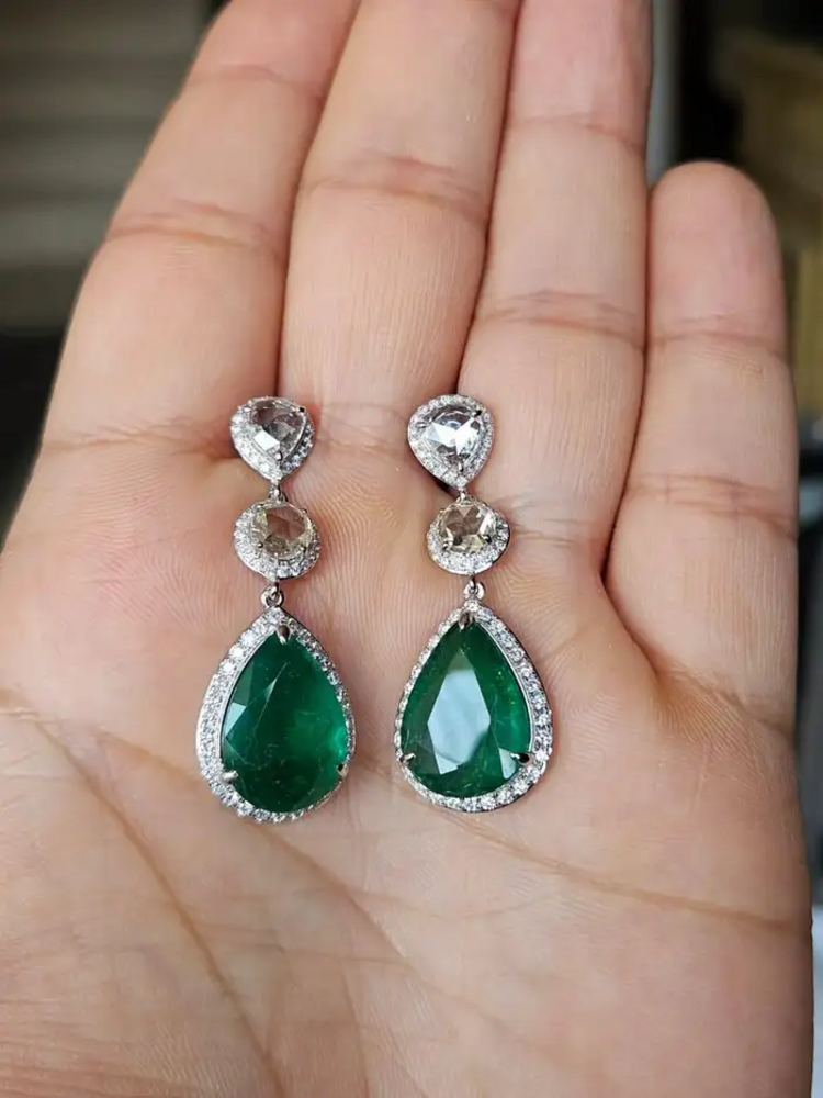 12.36 Ct. Natural Zambian Emerald Dangle Gold Earrings - 18k White Gold & Rose Cut Diamond Earrings