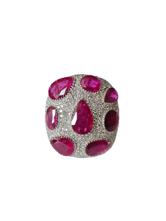 Natural Mozambique Ruby & Diamond Dome Ring - 18k White Gold Handmade Statement Ring
