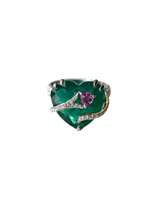 Heart Shape Zambian Emerald Gold Ring - 18k White Gold & Pink Sapphire Engagement Ring